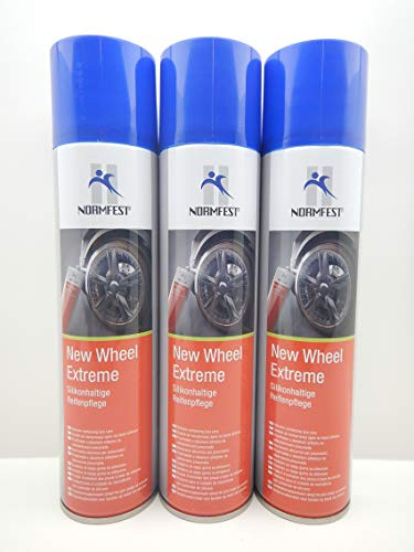 Normfest New Wheel Extreme –silikonhaltiges Reifenpflege-Spray für tiefschwarzen Glanz, wasserfest & wetterbeständig, schnelltrocknend, einfache Anwendung für PKW, SUV, Transporter & Motorrad 3x 400ml