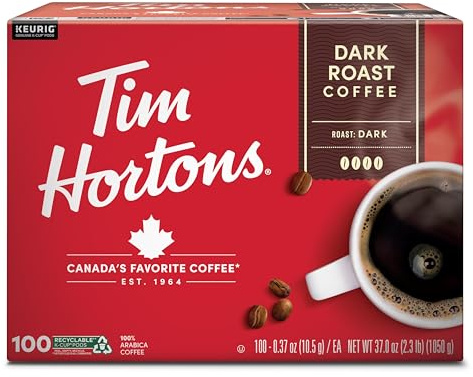 Tim Hortons Dark Roast Coffee, Single-Serve K-Cup Pods Compatible with Keurig Brewers, 100ct K-Cups