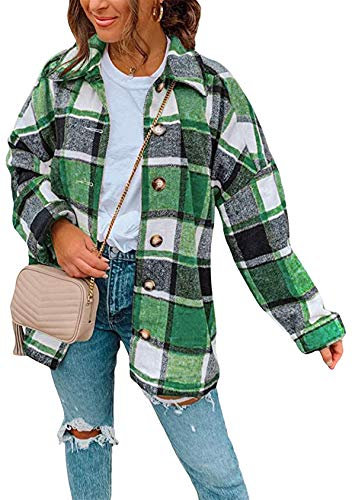 EFOFEI Damen Boyfreind Herbst Oberteile Top Kurz Overshirt mit Karomuster Taschen Retro Karo Basic Jacke Grün L