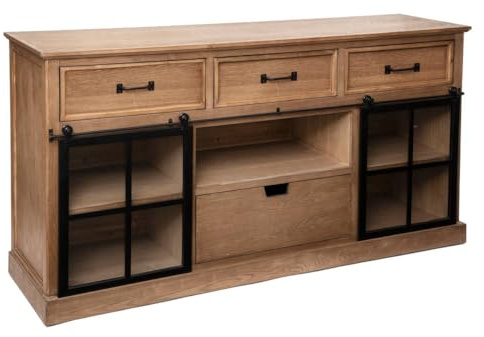 Atmosphera - Buffet Danik Bois et Métal Noir, L 160 cm, 4 Tiroirs, 2 Portes Coulissantes Vitrées - pour Salon, Salle à Manger, Meuble de Rangement