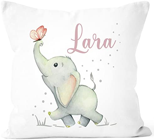 SpecialMe® Kissen-Bezug Kinder mit Namen personalisiert Elefant Schmetterling Tiermotiv Tiere Namenskissen Jungen Mädchen weiß 40cm x 40cm
