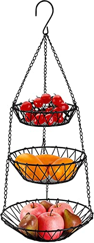 Jucoan 3-Tier Hanging Fruits Basket, Heavy Duty Wire Vegetable Fruit Storage Basket with Metal Chain, Hanging Hooks and Detachable Round Baskets for Kitchen