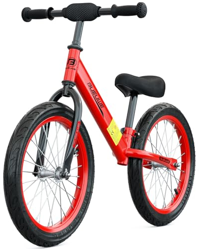 Bueuwe Kinder Laufrad 16 Zoll ab 3 4 5 6 7 Jahre für Mädchen und Junge, Kinderlaufrad mit Verstellbarem Lenker und Sattel, Langlebige Luftreifen, Karbonstahl Rahmen, bis 45 kg, Rot