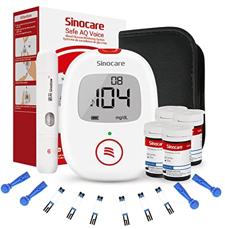 Sinocare Safe AQ Voice Glucometro Misuratore Glicemia nel Sangue Senza Codifica con Funzione Vocale, Diabete Test Kit di Test Rapido e Accurato, Incluse 100 Strisces/Lancettes-mg/dL