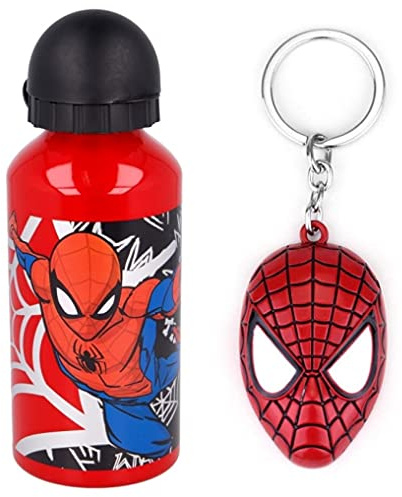 Spiderman Urban Web Characters Aluminium Sports Bottle 400ml - Holiday, Back to School Water Drinking Kids Lunch Children Includes Spiderman Keychain