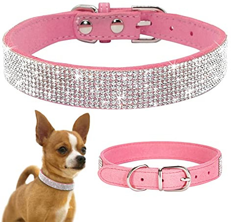 TSKDKIT Puppy Collar for Cat Small Dog Collar Cute Rhinestone Pet Collar Sparkling Cat Collar Soft Leather Pet Collar(M Pink)