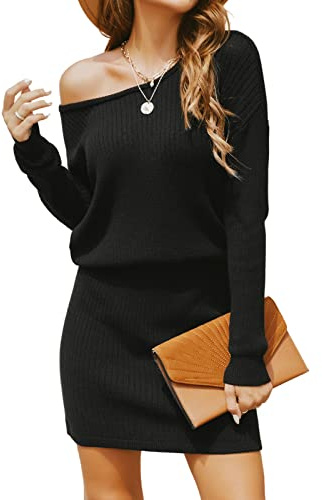 CUPSHE Damen Strickkleid One Shoulder Pulloverkleid Langarm Asymmetrisch Herbst Winter Pullikleid Minikleider Knit Sweater Dress Schwarz L