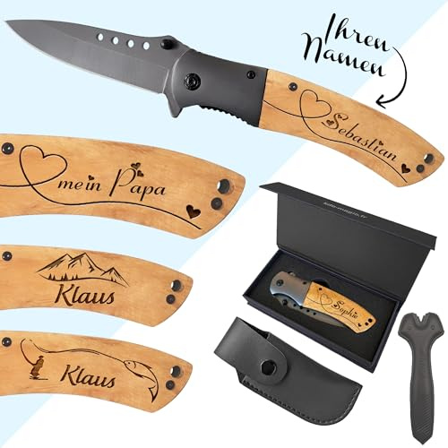 KDO MAGIC Couteau de survie Personnalisé manche en bois Coffret inclus | Idée cadeau | Modèle Coeur | Graver | Personnaliser | Fête des pères | Papa | Papy | Noël | Anniversaire