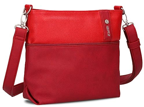 Zwei Damen Umhängetasche JANA J8 Crossbody Bag 3 Liter Bicolor Handtasche im Canvas-Stil, weiches Kunstleder, ideal für den Alltag, inkl. 2 abnehmbare Schultergurte kurz & lang (cherry)