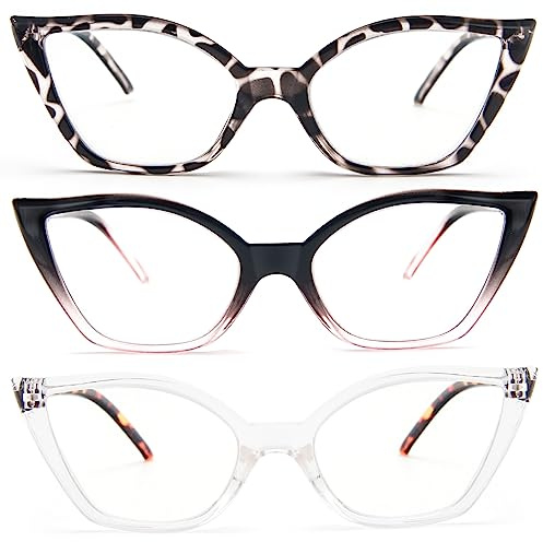 DXYXYO Cat Eye Reading Glasses 1.75 for Women 3 Pack Anti Blue Light Computer Readers Stylish Retro with Spring Hinge, Demi+black pink+clear
