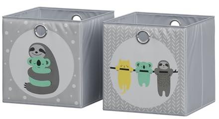Vicco Faltbox, Grau, 30 x 30 cm | (Motiv Faultiere), mit Öse zum einfachen Herausziehen und kindgerechten Motiven