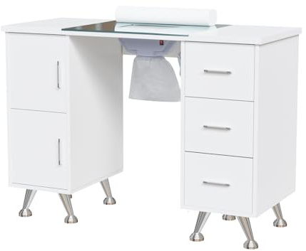 OmySalon Manicure Table Nail Desk for Nail Tech w/Glass Top & Wrist Rest, Beauty Salon Nail Supplies Decor Workstation Acetone Resistant w/2 Side Cabinet+3 Drawers, White