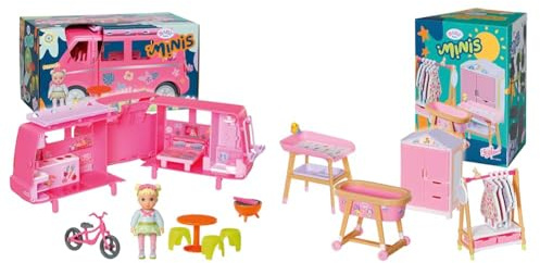 BABY Born, Puppenfahrzeug, aufklappbarer Wohnwagen & Minis Playset Möbelset mit Kleiderschrank, Kleiderstange, Stubenwagen und Wickeltisch, 906163 Zapf Creation