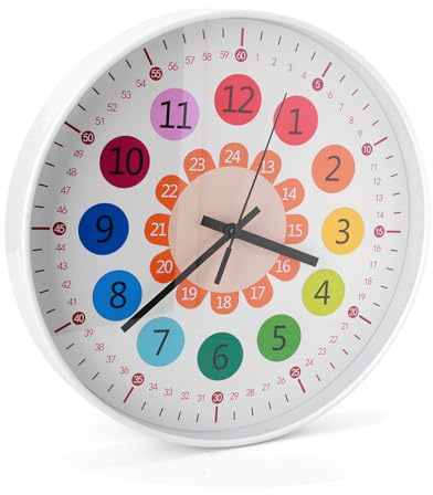 Palmcee Wall Clock, 12 Inch Colorful Clock, Quiet Early Learning Wall Clocks, Battery Operated Kitchen Wall Clocks Decoration Clocks for Living Room Kids Room Bedroom Boys Gift