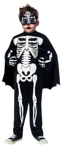 Rubies Super Skeleton kostym för pojkar och flickor, jumpsuit med muskulöst bröst, kappa, handskar och ansiktsmask, skelett, skelett, officiell licens för halloween, cosplay, fester