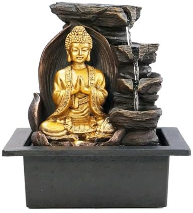 LEOM Lord Buddha Indoor Tabletop Fountain 4-Tier Water Feature LED Lights Polyresin Statues Home Decoration, Water Soothing Sound Meditation Relaxation