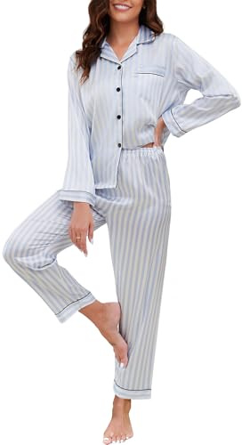 Reliwel satinpyjamas, dam, långärmad pyjamas-set med knappslå V-ringad, tvådelat nattkläder, mjuk sidenpyjamas, klassisk vardagskläder, hemmadräkt Pjs, Blåa ränder, XL