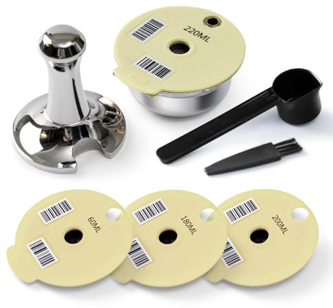 Stainless Steel Tas simo Reusable Pod-220ML+Extra Lids-200+180+60ML, BENFUCHEN Tas simo Refillable Pod Stainless Steel for Bosch Coffee Machine, with a Coffee Tamper, Off-White Color