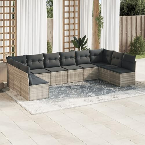 Homgoday Juego de 10 sofás de jardín con cojín, muebles de jardín, muebles de balcón, salón de jardín, sofá de jardín, sofá de balcón, sofá de jardín, gris claro, ratán polirratán #C