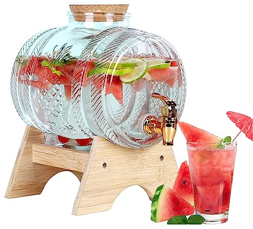 5L Glass Water Dispenser with Tap Stand - 100% Leak Proof, Clear Glass Jars, Wooden Caps - Drink Dispenser for Office, Camping, Juice Drinks Container
