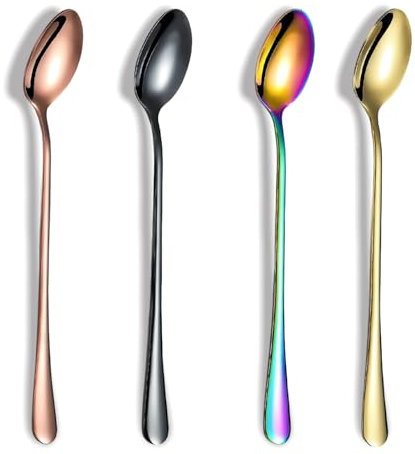 Long Handle Latte Spoons Set – Long Teaspoons Set of 4 - Stainless Steel Mixing & Stirring Spoons for Coffee, Espresso, Sundae, Iced Tea & Desserts (7.8 Inch)