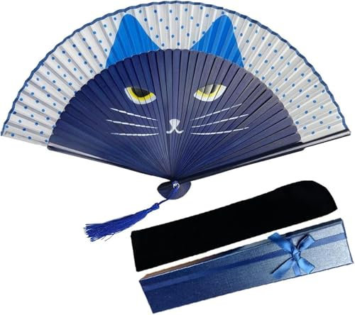 Faltbarer Handfächer, Handfächer, Bambus-Handfächer, Katze, chinesischer Cartoon, Seide, japanischer Stil, Handfächer, beliebter, hübscher Kätzchen-Fächer, Fächer und Box, 01