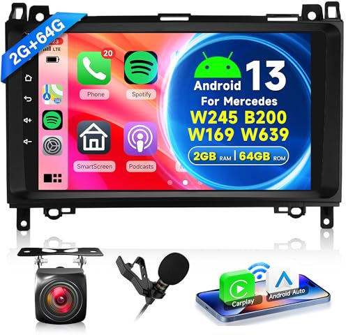 2G+64G Wireless Carplay Android 13 Autoradio 2 Din für Mercedes Benz A/B Class W169 W245 B200 W639 Vito Viano W906 Sprinter 9 Zoll Autoradio Android Auto Navi GPS WiFi Bluetooth FM/RDS Rückfahrkamera