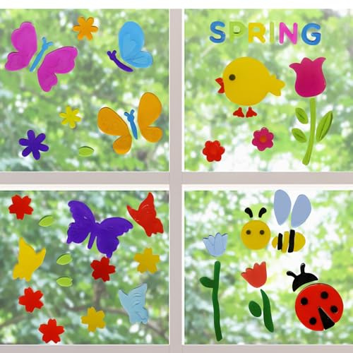 4 Stück Frühlings-Gel-Fensteraufkleber, Frühling Deko, elastische Frühlings-Gel-Fensteraufkleber, Feiertags-Gelee-Aufkleber, Vögel, Schmetterlinge, Fensterbilder Frühling-Fensteraufkleber, Dekore