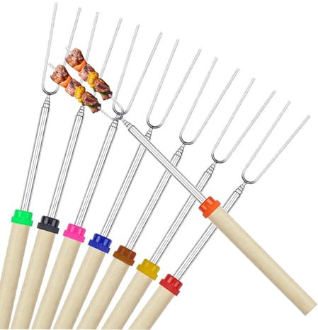 APKOL 8 Stück Grillspieße Teleskop Marshmallow, Roasting Sticks,Grillstab, Lagerfeuer Grillgabel, Lagerfeuerspieße Edelstahl Ausziehbar 32-83cm, mit Griffen,Grillbesteck Set für Camping Grill