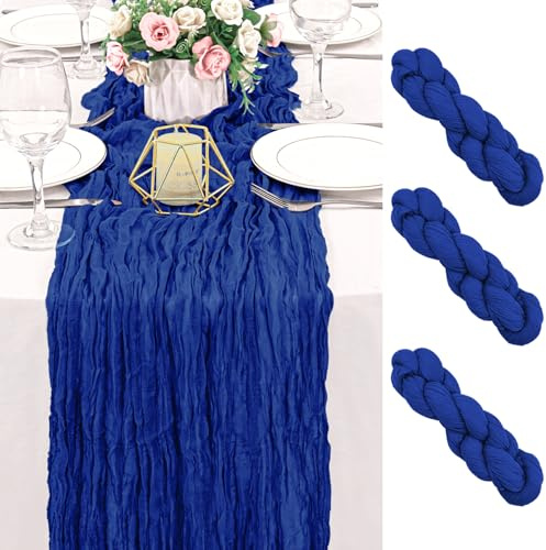 Lot de 3 chemins de table en étamine, bleu roi, 305 cm de long, style bohème, rustique, transparent, en gaze transparente, romantique, pour fête prénuptiale, fête prénatale, fête de mariage