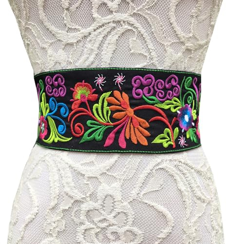 FANFAN Mexican Floral Embroidered Belt for Women | Boho Tassel Waist Sash | Adjustable Sugar Skull Accessory for Day of The Dead, Halloween & Ethnic Festivals E1(Vibrant Style)