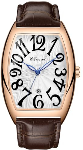 Tiong Brown Square Leather Band Men's Luminous Design Quartz Watch, Black Arabic Numerals Digital Quartz Leather Band Watch with Box for Men