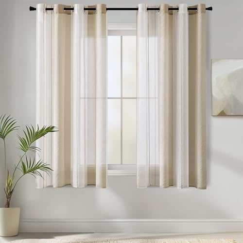 MIULEE Voile Gardinen Beige-Weiß mit Ösen 2er Set 140x122 cm | Halbtransparenter Voile mit Streifenmuster für Wohnzimmer, Schlafzimmer und kleine Fenster.