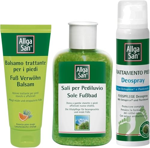 AllgaSan – Kit Cura per Piedi Stanchi e Sensibili - Trattamento Idratante, Rilassante, Nutriente e Rigenerante - Sali per Pediluvio 350g + Balsamo Trattante 100ml + DeoSpray Trattamento 150ml