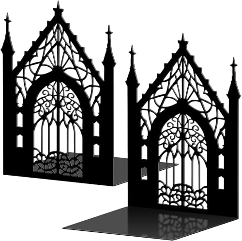 Shimeyao Gothic Metal Bookends for Shelves Decorative Book Ends Heavy Duty Gothic Gate Bookends Black Book Shelf Holder 5.3x4.3x7.3 Heavy Bookshelves Holders for Office Desk Room Halloween Decor