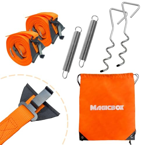 Magicbox Awning Storm Straps Kit-Complete Set with Bungee Straps, Springs & Spiral Ground Anchors for Caravan Motorhome Awning Protection, Compatible Storm Straps for Fiamma/Thule Omnistor Awnings