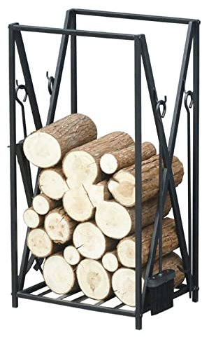 Firewood Storage Rack with Tongs Shovel & Brush - Black Freestanding Iron Hearth Accessories for Indoor/Outdoor Use Perfect Wood Holder for Stoves and Fireplaces.