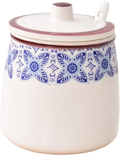 MYUYEE Sugar bowlBlue Flower Pattern Sugar Bowl with Lid and Spoon 430ml,Blue1-One Size