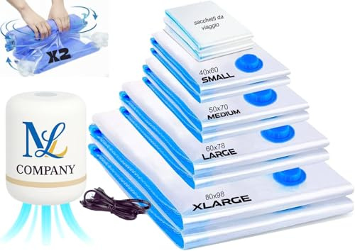 Sacchetti Sottovuoto per Vestiti con Pompa Elettrica – Set da 10 (XL, L, M, S, Viaggio) – Salvaspazio per Armadio, Valigia, Coperte, Lenzuola, Cuscini, Peluche – Riutilizzabili e Resistenti