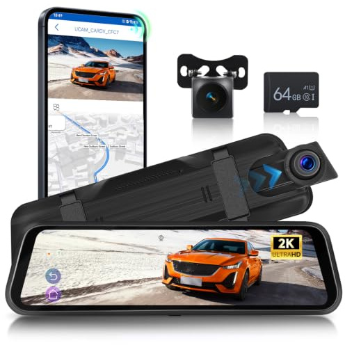 Hodozzy 2K WiFi Spiegel Dashcam, 9,66 Zoll IPS Touchscreen Dual Dash Cam Spiegel mit App-Steuerung, Nachtsicht, Loop-Aufnahme, G-Sensor, BSD LCA, Rückfahrhilfe, Rückspiegelkamera mit 64G Karte+Kamera