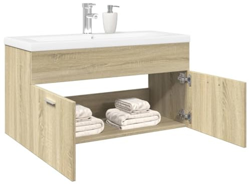 QJBSAVVA Armadietto da bagno con vasca da incasso Sonoma Rovere 90 x 38,5 x 46 cm, mobiletto lavabo in ceramica bianco, armadietto medico, mobile da bagno salvaspazio per piccoli bagni e ospiti WC