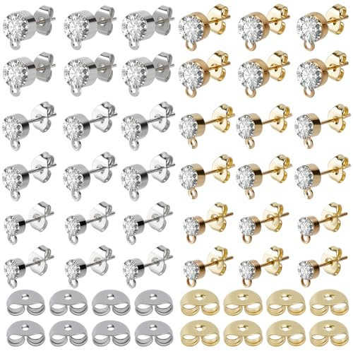SOFPLATE 1 låda 120 st 4/5/6 mm strassörhängen stolpar med ögla allergivänliga örhängen stolpfynd med 120 st öronryggar diamantdubbar för drop-dinglande gör-det-själv hantverk smyckestillverkning