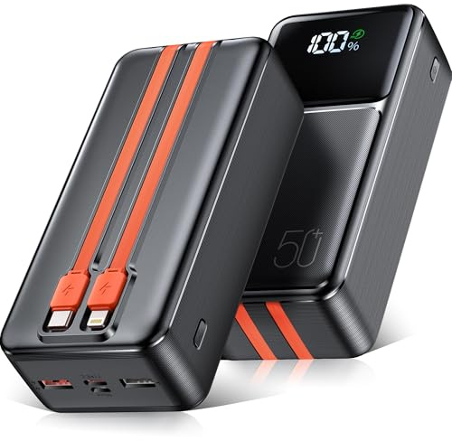 Batterie Externe 50000mAh Power Bank: Chargeur Portable avec Charge Rapide 30W câbles intégrés Batterie USB-C Portable avec 5 Sorties, équipée d'un écran LED, idéale pour Smartphones et tablettes