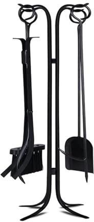 OWOHYG Juego de Limpieza de Chimenea de Hierro Forjado de 5 Piezas. Incluye Pala para Cenizas, Escoba, recogedor y Pinzas. Herramientas específicas para Chimenea. Color Negro.