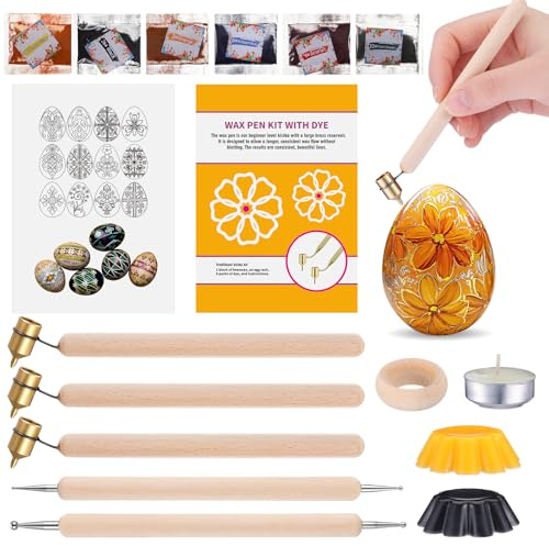 Yexiya 16 Pcs Ukrainian Easter Egg Decorating Kit Pysanky 0.3 0.4 0.5mm Kistka Pen 2 Double Sided Drop Pull Tool Stand Candle Beeswax Instructions 6 Dyes for Color Easter Egg DIY Craft Set