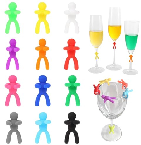 ApexPine 12 Pcs Silicone Wine Glass Markers for Party Drink Identification | 12 pack multicolor 3d humanoid silicone drink charms, reusable glass identifiers for wine cocktail party gathering use