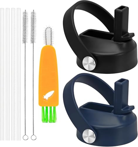 Straw Lid for Water Bottle Insulated Stainle Steel,2PACK Lids with Straw for Hydroflask 12 16 18 20 32 40 oz Wide Mouth,Leak-Proof Drinking Cap with Handle and Lid Brush (Black+Dark Blue)