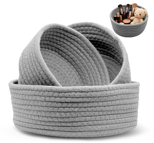 PWGHWG 3er Set Aufbewahrungskorb Geflochten Baumwollseil Körbe Aufbewahrung Aufbewahrungskörbe Stapelbare Runde Organizer Körbchen für Schlafzimmer Wohnzimmer Lagerung Deko (Grau)