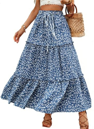 Vossmi Mujer Falda Larga Cintura Alta Elegante Maxi Falda con Bolsillos A-línea Faldas Elástica para Mujer Casual Estilo Bohemio Playa Skrit Verano