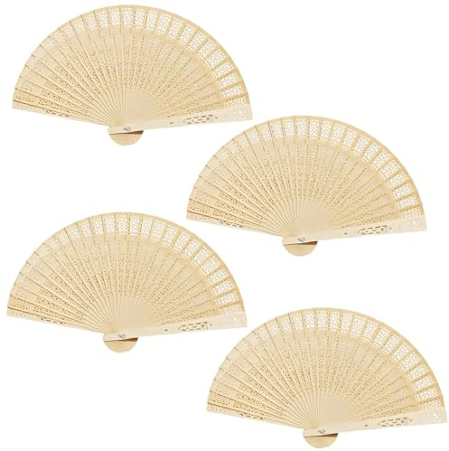 Chinese Fans, Traditional Hand Fans Set of Four, Eight-Inch Full Open Sandalwood Fans for Decoration and Cooling, Classic Oriental Design for Home and Events